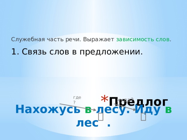 Служебная часть речи. Выражает зависимость слов . 1. Связь слов в предложении. Предлог где? куда? Нахожусь в лесу. Иду в лес . 