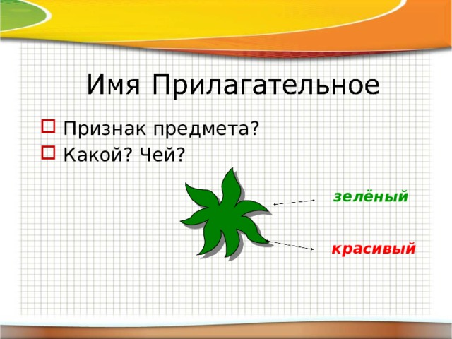 Признак предмета? Какой? Чей? зелёный красивый 