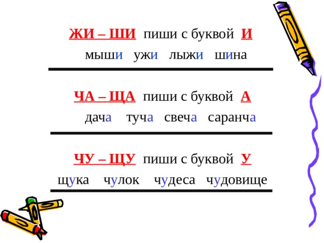 ЖИ – ШИ   пиши с буквой  И  мыш и уж и лыж и  ш и на  ЧА – ЩА  пиши с буквой  А  дач а туч а свеч а саранч а  ЧУ – ЩУ  пиши с буквой  У  щ у ка ч у лок ч у деса ч у довище 