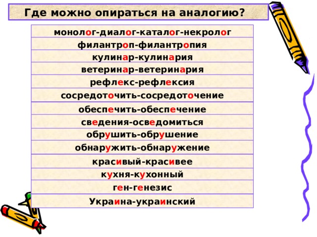 Где можно опираться на аналогию? монол о г-диал о г-катал о г-некрол о г филантр о п-филантр о пия кулин а р-кулин а рия ветерин а р-ветерин а рия рефл е кс-рефл е ксия сосредот о чить-сосредот о чение обесп е чить-обесп е чение св е дения-осв е домиться обр у шить-обр у шение обнар у жить-обнар у жение крас и вый-крас и вее к у хня-к у хонный г е н-г е незис Укра и на-укра и нский 