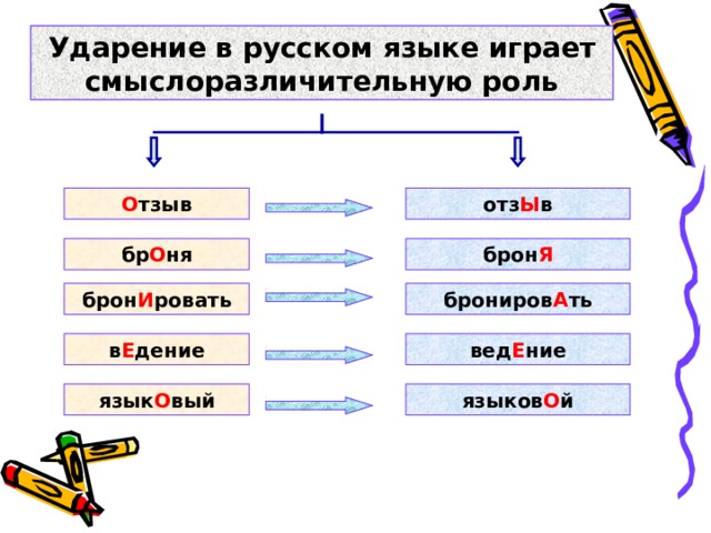 Ударение в русском языке играет смыслоразличительную роль О тзыв отз Ы в бр О ня брон Я брон И ровать брониров А ть в Е дение вед Е ние язык О вый языков О й 