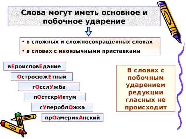 Слова могут иметь основное и побочное ударение  в сложных и сложносокращенных словах  в словах с иноязычными приставками в Е роиспов Е дание В словах с побочным ударением редукции гласных не происходит О стросюж Е тный г О ссл У жба п О стскр И птум с У перобл О жка пр О америк А нский 