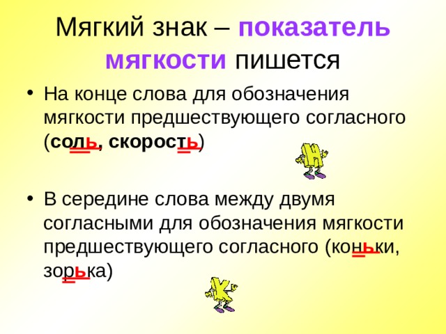 Мягкий знак – показатель мягкости пишется На конце слова для обозначения мягкости предшествующего согласного ( сол ь , скорост ь )  В середине слова между двумя согласными для обозначения мягкости предшествующего согласного (кон ь ки, зор ь ка) 