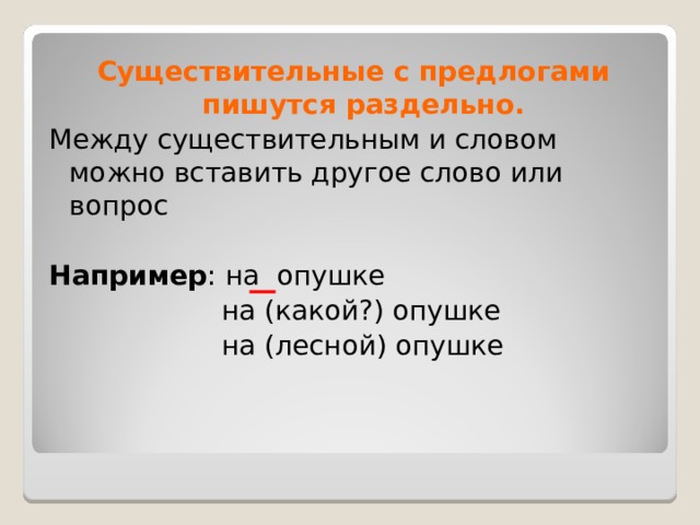 Существительные с предлогами пишутся раздельно. Между существительным и словом можно вставить другое слово или вопрос Например : на опушке  на (какой?) опушке  на (лесной) опушке 