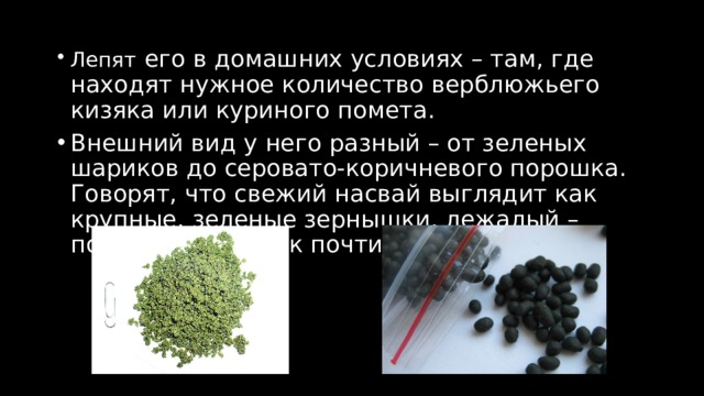 Лепят  его в домашних условиях – там, где находят нужное количество верблюжьего кизяка или куриного помета. Внешний вид у него разный – от зеленых шариков до серовато-коричневого порошка. Говорят, что свежий насвай выглядит как крупные, зеленые зернышки, лежалый – похож на порошок почти черного цвета. 