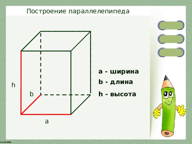 Построение параллелепипеда a - ширина b - длина h h - высота b a 