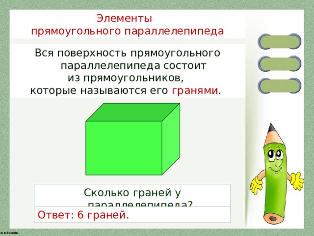 Элементы прямоугольного параллелепипеда Вся поверхность прямоугольного параллелепипеда состоит из прямоугольников, которые называются его гранями . Сколько граней у параллелепипеда? Ответ: 6 граней. 