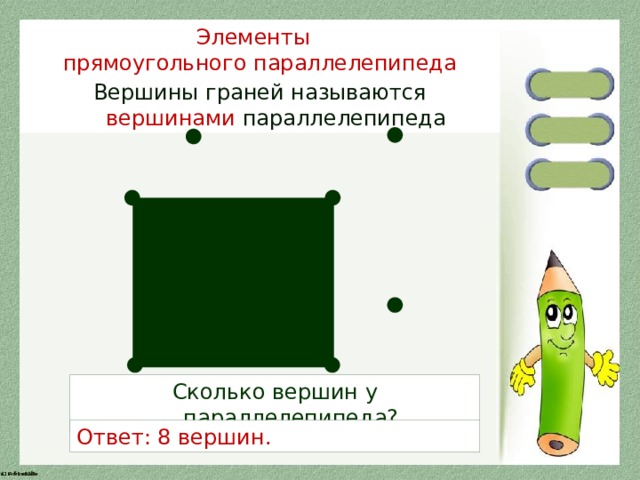 Элементы прямоугольного параллелепипеда Вершины граней называются вершинами параллелепипеда Сколько вершин у параллелепипеда? Ответ: 8 вершин. 