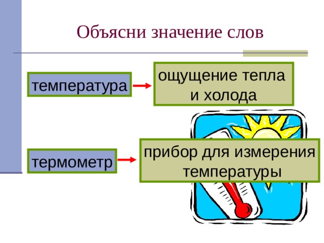 Объясни значение слов ощущение тепла и холода температура прибор для измерения  температуры термометр 