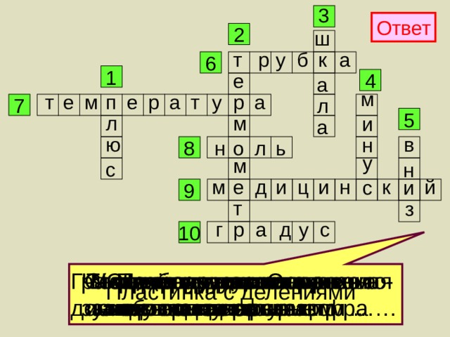 3 Ответ 2 ш р а б у к т 6 1 е а 4 м т т а е п р р е м а у л 7 л м 5 и а в ю н н о л ь 8 у м с н м к н и й д и е ц и с 9 т з д г с у а р 10 Граница между теплом и холо- дом на термометре – цифра … Деление на пластинке обозначает ….. Число градусов тепла записывается со знаком … У человека жар. Это значит у него поднялась ….. Прибор для измерения температуры Число градусов холода записывается со знаком … Температуру тела человека измеряет …. термометр Отсчёт градусов мороза ведут от нуля …. Стеклянная …., наполненная жидкостью Пластинка с делениями 