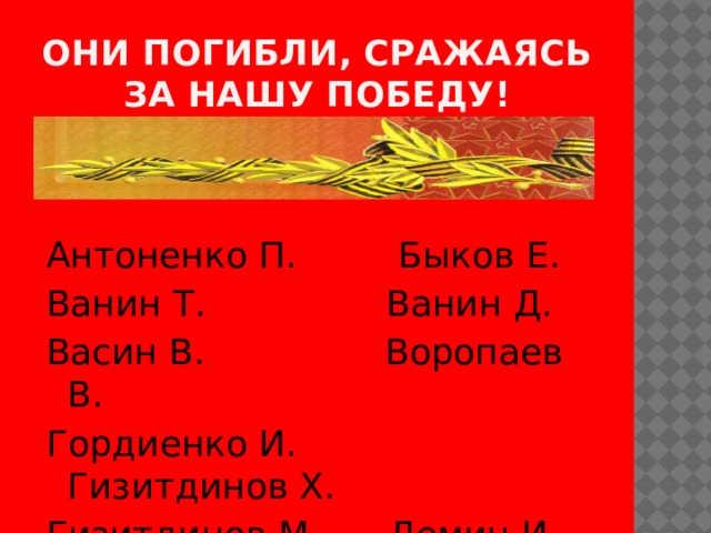 Они погибли, сражаясь за нашу Победу! Антоненко П. Быков Е. Ванин Т. Ванин Д. Васин В. Воропаев В. Гордиенко И. Гизитдинов Х. Гизитдинов М. Демин И. Забродин С. Ивченко П. 