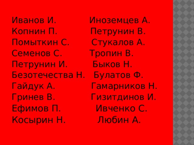Иванов И. Иноземцев А. Копнин П. Петрунин В. Помыткин С. Стукалов А. Семенов С. Тропин В. Петрунин И. Быков Н. Безотечества Н. Булатов Ф. Гайдук А. Гамарников Н. Гринев В. Гизитдинов И. Ефимов П. Ивченко С. Косырин Н. Любин А. 