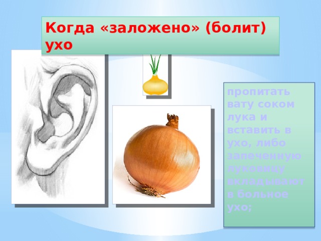 Когда «заложено» (болит) ухо пропитать вату соком лука и вставить в ухо, либо запеченную луковицу вкладывают в больное ухо;   
