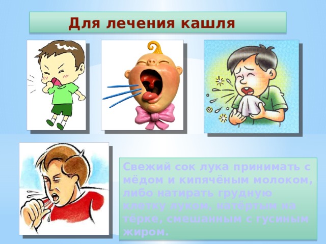  Для лечения кашля Свежий сок лука принимать с мёдом и кипячёным молоком, либо натирать грудную клетку луком, натёртым на тёрке, смешанным с гусиным жиром.  