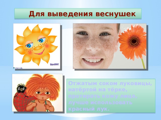  Для выведения веснушек Отжатым соком луковицы, натёртой на тёрке, протирать кожу лица, лучше использовать красный лук. 
