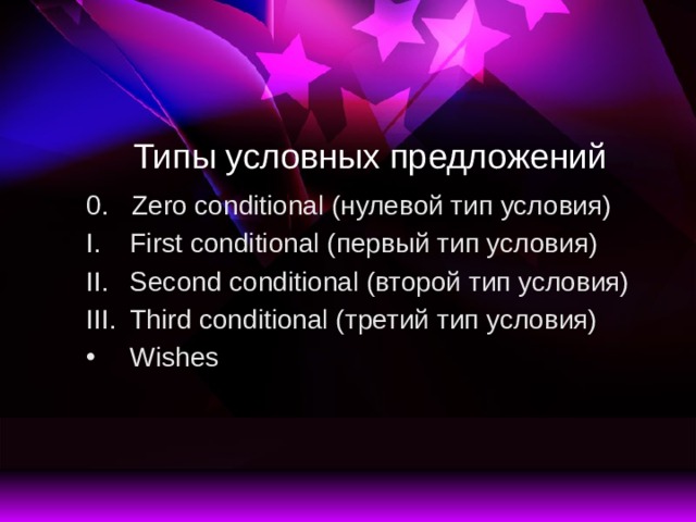 Типы условных предложений 0. Zero conditional (нулевой тип условия) First conditional (первый тип условия) Second conditional (второй тип условия) Third conditional (третий тип условия) Wishes 