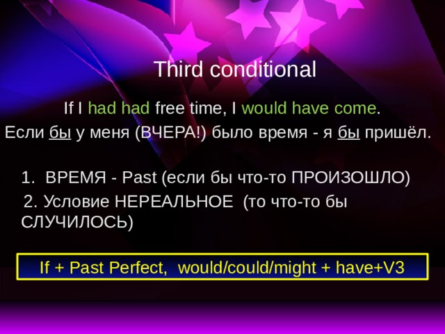 Third conditional If I had had free time, I would have come . Если бы у меня (ВЧЕРА!) было время - я бы пришёл.  1.  ВРЕМЯ - Past (если бы что-то ПРОИЗОШЛО)  2. Условие НЕРЕАЛЬНОЕ (то что-то бы СЛУЧИЛОСЬ)   If + Past Perfect, would/could/might + have+V3 