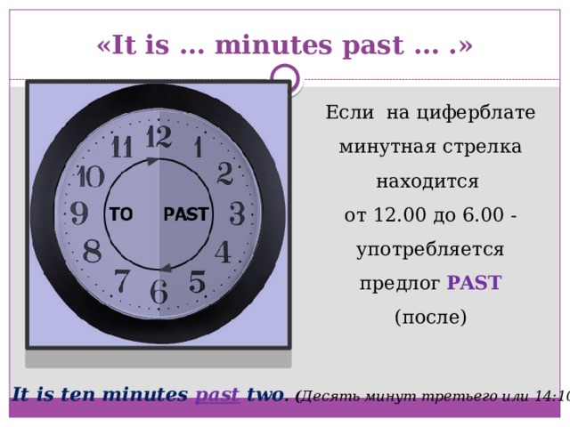 «It is … minutes past … .» Если на циферблате минутная стрелка находится от 12.00 до 6.00 - употребляется предлог PAST (после) It is ten minutes past two . ( Десять минут третьего или 14:10 ) 