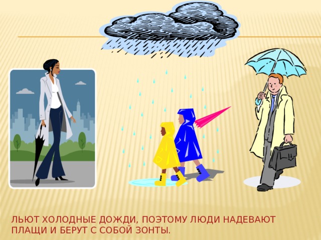 Льют холодные дожди, поэтому люди надевают плащи и берут с собой зонты. 
