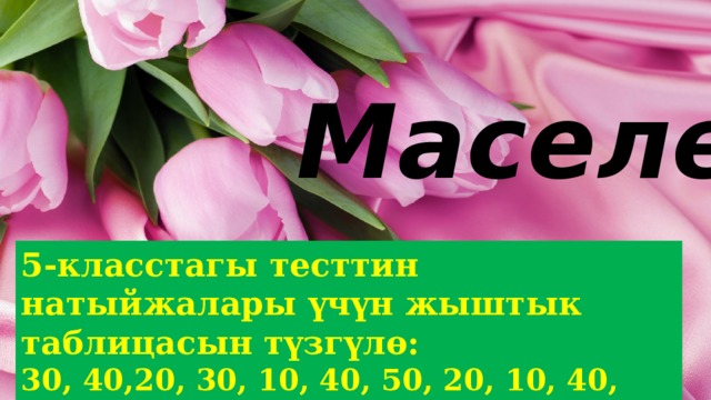 Маселе 5-класстагы тесттин натыйжалары үчүн жыштык таблицасын түзгүлө: 30, 40,20, 30, 10, 40, 50, 20, 10, 40, 50, 30 . 