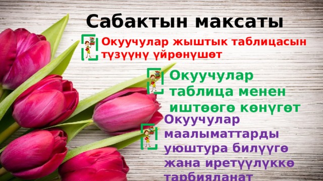 Сабактын максаты Окуучулар жыштык таблицасын түзүүнү үйрөнүшөт Окуучулар таблица менен иштөөгө көнүгөт Окуучулар маалыматтарды уюштура билүүгө жана иретүүлүккө тарбияланат 