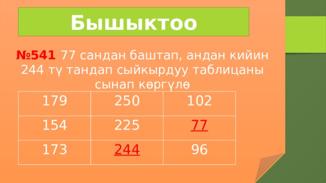 № 541 77 сандан баштап, андан кийин 244 тү тандап сыйкырдуу таблицаны сынап көргүлө Бышыктоо 179 154 250 102 225 173 77 244 96 