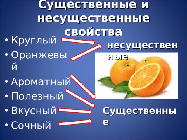 Существенные и несущественные свойства Круглый Оранжевый Ароматный Полезный Вкусный Сочный несущественные Существенные 