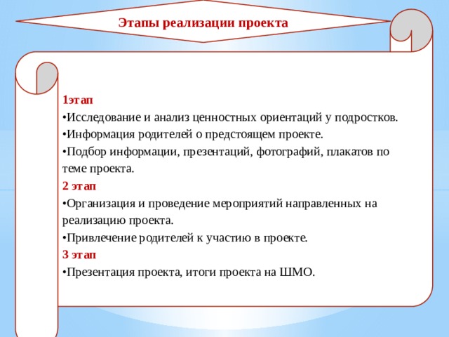 Этапы реализации проекта   1этап • Исследование и анализ ценностных ориентаций у подростков. • Информация родителей о предстоящем проекте. • Подбор информации, презентаций, фотографий, плакатов по теме проекта. 2 этап • Организация и проведение мероприятий направленных на реализацию проекта. • Привлечение родителей к участию в проекте. 3 этап • Презентация проекта, итоги проекта на ШМО. 