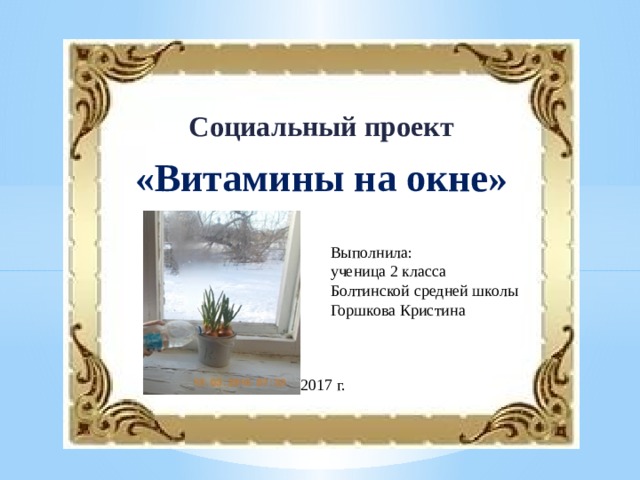 Социальный проект «Витамины на окне» Выполнила: ученица 2 класса Болтинской средней школы Горшкова Кристина 2017 г. 