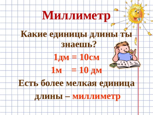 Миллиметр Какие единицы длины ты знаешь? 1дм = 10см 1м = 10 дм Есть более мелкая единица  длины –  миллиметр 