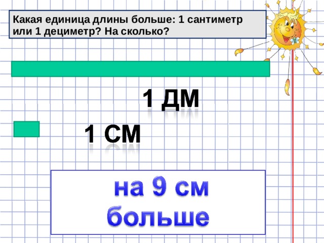 Какая единица длины больше: 1 сантиметр или 1 дециметр? На сколько? 
