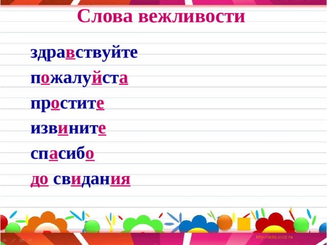 Слова вежливости здра в ствуйте п о жалу й ст а пр о стит е изв и нит е сп а сиб о до св и дан ия     