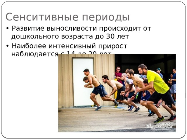 Сенситивные периоды • Развитие выносливости происходит от дошкольного возраста до 30 лет • Наиболее интенсивный прирост наблюдается с 14 до 20 лет 