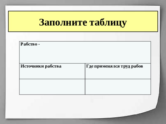 Заполните таблицу Рабство - Источники рабства Где применялся труд рабов 