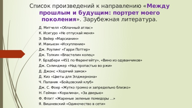 Список произведений к направлению « Между прошлым и будущим: портрет моего поколения ». Зарубежная литература. Д. Митчелл «Облачный атлас» К. Исигуро «Не отпускай меня» Э. Вейер «Марсианин» И. Макьюэн «Искупление» Дж. Роулинг «Гарри Поттер» Дж. Толкин «Властелин колец» Р. Брэдбери «451 по Фаренгейту», «Вино из одуванчиков» Дж. Сэлинджер «Над пропастью во ржи» Д. Джонс «Ходячий замок» Д. Киз «Цветы для Элджернона» Ч. Паланик «Бойцовский клуб» Дж. С. Фоер «Жутко громко и запредельно близко» Н. Гейман «Коралина», «За дверью» Ф. Флэгг «Жареные зеленые помидоры …» Я. Вишневский «Одиночество в сети» 