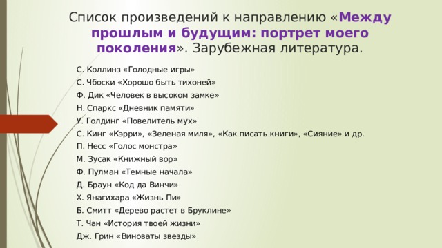 Список произведений к направлению « Между прошлым и будущим: портрет моего поколения ». Зарубежная литература. С. Коллинз «Голодные игры» С. Чбоски «Хорошо быть тихоней» Ф. Дик «Человек в высоком замке» Н. Спаркс «Дневник памяти» У. Голдинг «Повелитель мух» С. Кинг «Кэрри», «Зеленая миля», «Как писать книги», «Сияние» и др. П. Несс «Голос монстра» М. Зусак «Книжный вор» Ф. Пулман «Темные начала» Д. Браун «Код да Винчи» Х. Янагихара «Жизнь Пи» Б. Смитт «Дерево растет в Бруклине» Т. Чан «История твоей жизни» Дж. Грин «Виноваты звезды» 