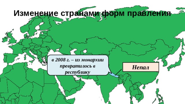Изменение странами форм правления авторитарная диктатура монархия в 2008 г. – из монархии превратилось в республику Непал Испания с 1993 г. - монархия Камбоджа 