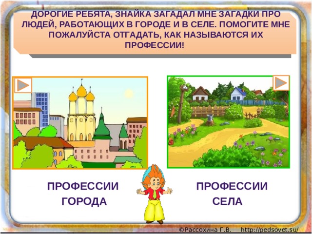 Дорогие ребята, Знайка загадал мне загадки про людей, работающих в городе и в селе. Помогите мне пожалуйста отгадать, КАК НАЗЫВАЮТСЯ их профессии!  ПРОФЕССИИ ПРОФЕССИИ ГОРОДА СЕЛА 