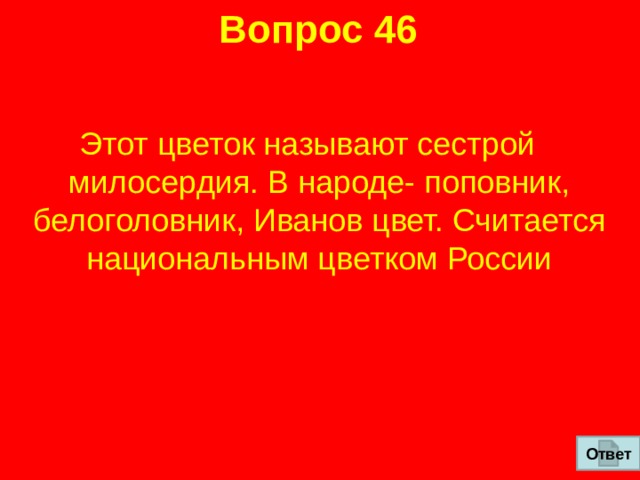 Вопрос 46 Этот цветок называют сестрой милосердия. В народе- поповник, белоголовник, Иванов цвет. Считается национальным цветком России Ответ 