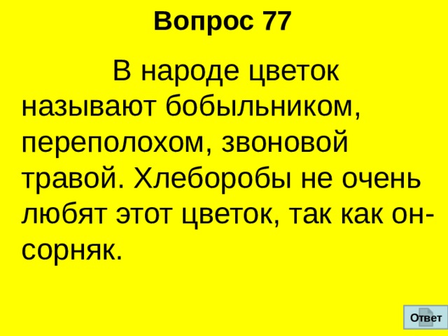 Вопрос 77  В народе цветок называют бобыльником, переполохом, звоновой травой. Хлеборобы не очень любят этот цветок, так как он- сорняк. Ответ 