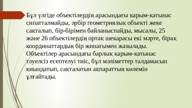Бұл үлгіде объектілердің арасындағы қарым-қатынас сипатталмайды, әрбір геометриялық объекті жеке сақталып, бір-бірімен байланыспайды, мысалы, 25 және 26 объектілердің ортақ шекарасы екі мәрте, бірақ координаттардың бір жинағымен жазылады. Объектілер арасындағы барлық қарым-қатынас тәуелсіз есептелуі тиіс, бұл мәліметтер талдамасын қиындатып, сақталатын ақпараттың көлемін ұлғайтады. 