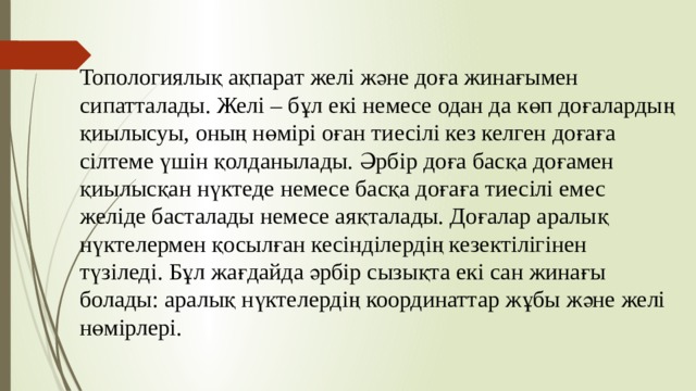 Топологиялық ақпарат желі және доға жинағымен сипатталады. Желі – бұл екі немесе одан да көп доғалардың қиылысуы, оның нөмірі оған тиесілі кез келген доғаға сілтеме үшін қолданылады. Әрбір доға басқа доғамен қиылысқан нүктеде немесе басқа доғаға тиесілі емес желіде басталады немесе аяқталады. Доғалар аралық нүктелермен қосылған кесінділердің кезектілігінен түзіледі. Бұл жағдайда әрбір сызықта екі сан жинағы болады: аралық нүктелердің координаттар жұбы және желі нөмірлері. 