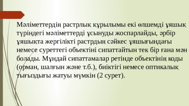 Мәліметтердің растрлық құрылымы екі өлшемді ұяшық түріндегі мәліметтерді ұсынуды жоспарлайды, әрбір ұяшықта жергілікті растрдың сәйкес ұяшығындағы немесе суреттегі объектіні сипаттайтын тек бір ғана мән болады. Мұндай сипаттамалар ретінде объектінің коды (орман, шалғын және т.б.), биіктігі немесе оптикалық тығыздығы жатуы мүмкін (2 сурет). 