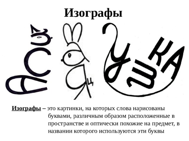 Изографы Изографы  – это картинки, на которых слова нарисованы  буквами, различным образом расположенные в  пространстве и оптически похожие на предмет, в  названии которого используются эти буквы 