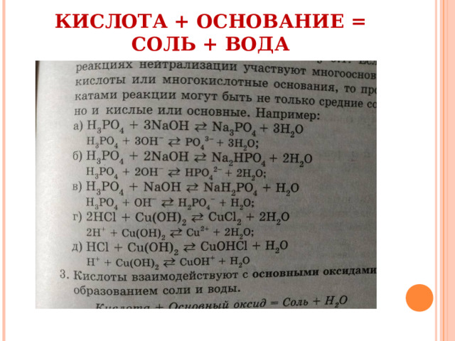КИСЛОТА + ОСНОВАНИЕ = СОЛЬ + ВОДА 