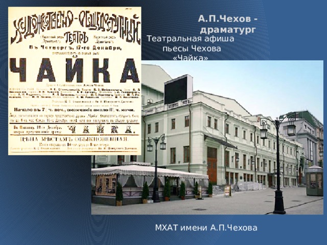 А.П.Чехов - драматург Театральная афиша пьесы Чехова «Чайка» МХАТ имени А.П.Чехова  
