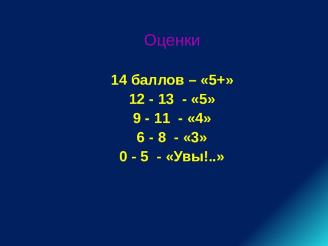 Оценки 14 баллов – «5+» 12 - 13 - «5» 9 - 11 - «4» 6 - 8 - «3» 0 - 5 - «Увы!..» 