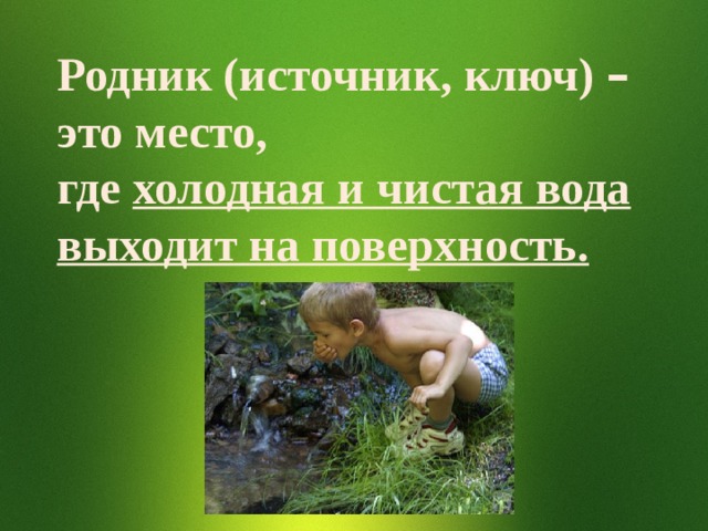 Родник (источник, ключ) – это место, где холодная и чистая вода выходит на поверхность. 
