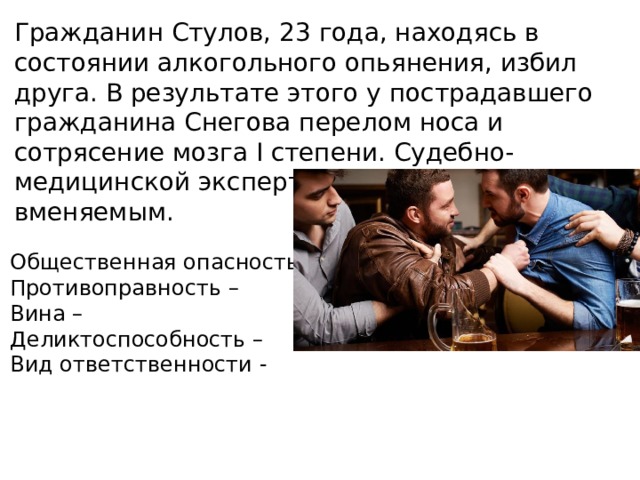 Гражданин Стулов, 23 года, находясь в состоянии алкогольного опьянения, избил друга. В результате этого у пострадавшего гражданина Снегова перелом носа и сотрясение мозга I степени. Судебно-медицинской экспертизой Стулов признан вменяемым. Общественная опасность – Противоправность – Вина – Деликтоспособность – Вид ответственности - 