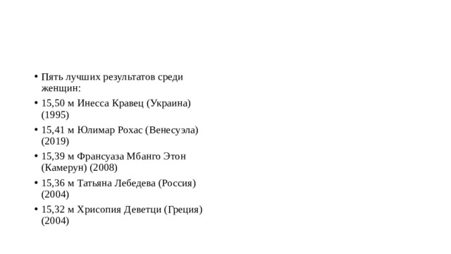 Пять лучших результатов среди женщин: 15,50 м Инесса Кравец (Украина) (1995) 15,41 м Юлимар Рохас (Венесуэла) (2019) 15,39 м Франсуаза Мбанго Этон (Камерун) (2008) 15,36 м Татьяна Лебедева (Россия) (2004) 15,32 м Хрисопия Деветци (Греция) (2004) 